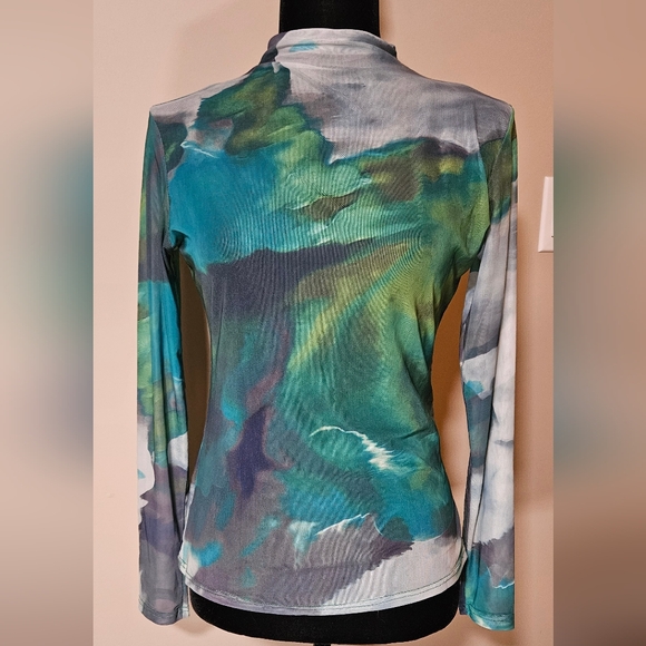 Tops - Sheer mesh mock neck long sleeve abstract teal green white grey print top
